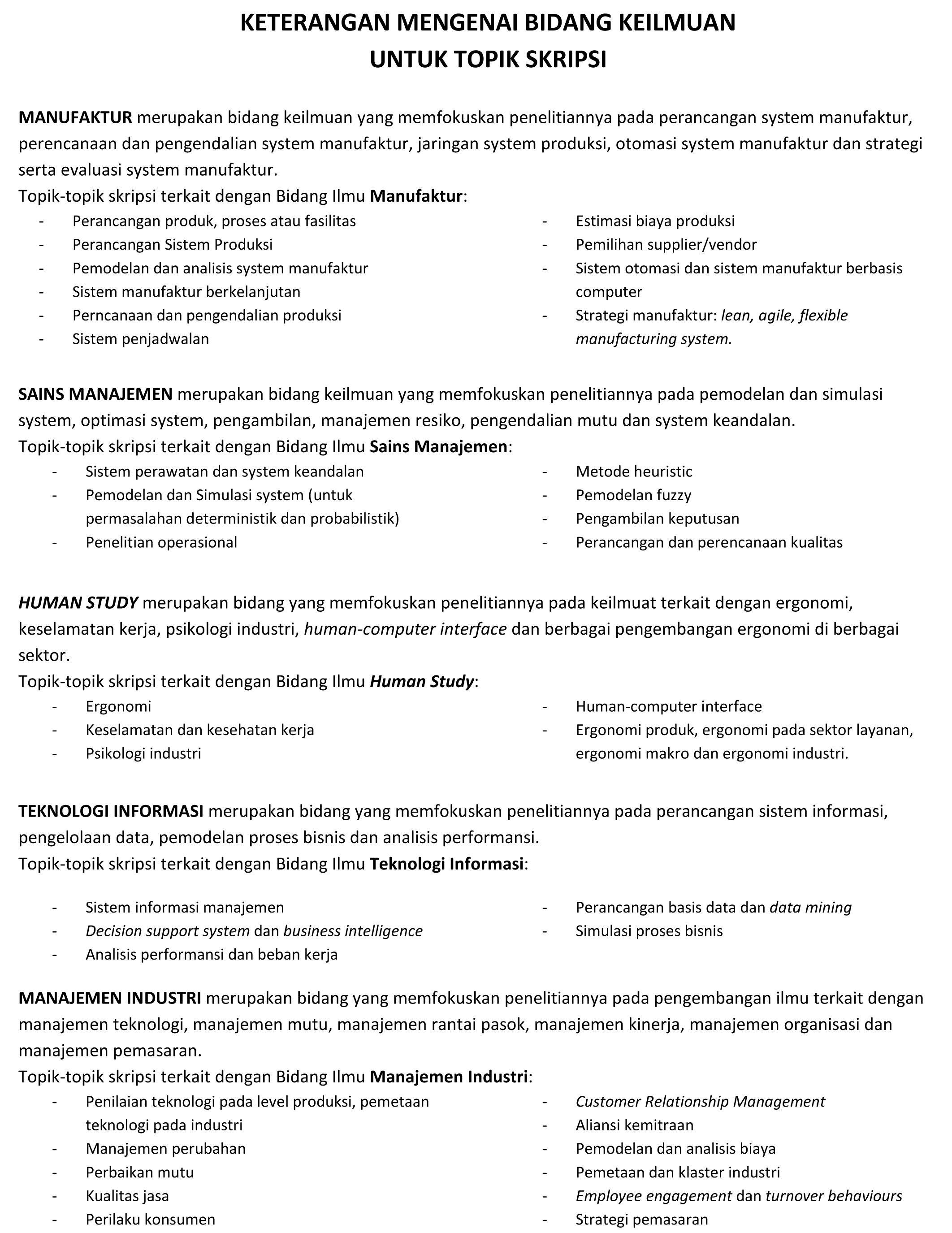 Keterangan mengenai Topik Skripsi berdasarkan KBI-1